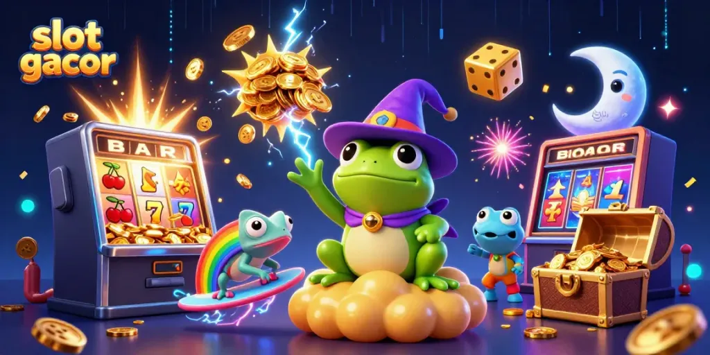 Experience winning moments with slot gacor as golden coins rain down from a vibrant, magical scene.
