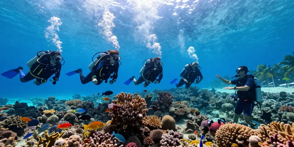 Tauchen in Playa del Carmen, Deep Dive Mexico, bunte Korallenriffe und lächelnde Taucher.