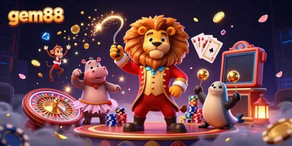 Experience gem88 with a lively scene of characters and casino elements celebrating excitement and wins.