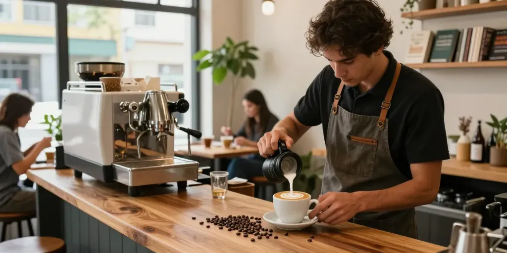 Crafting latte art at rokok88 coffee shop, showcasing inviting atmosphere and craftsmanship.