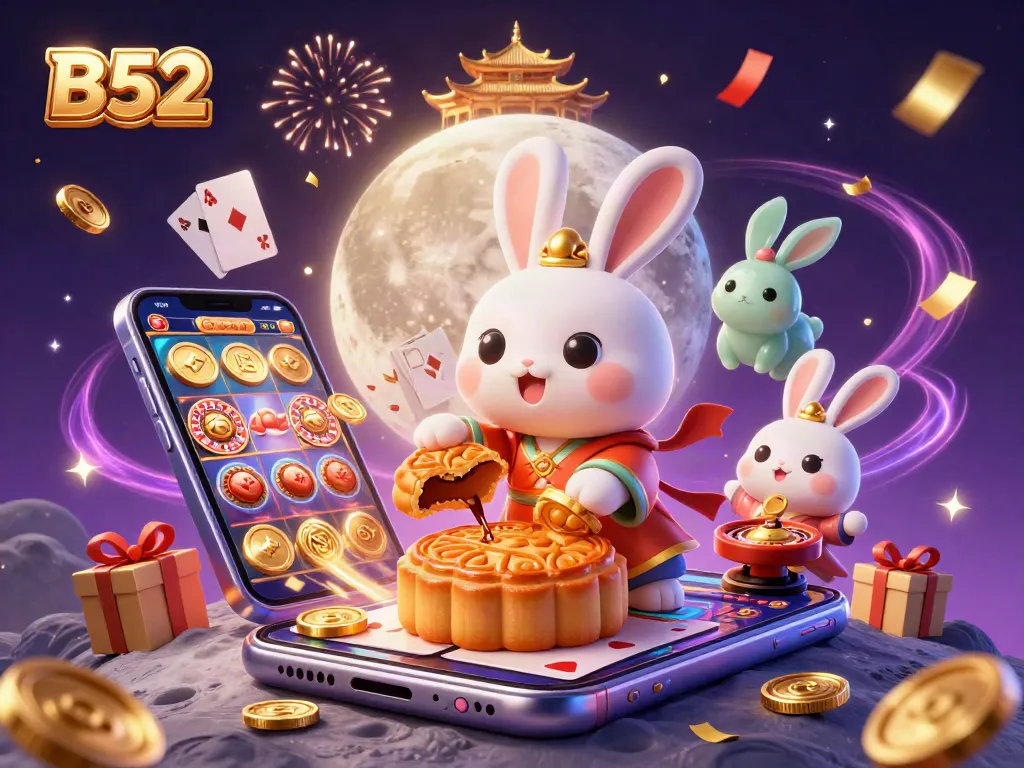 B52-themed 3D illustration of moon rabbit pounding mooncakes revealing poker chips, surrounded by casino elements.