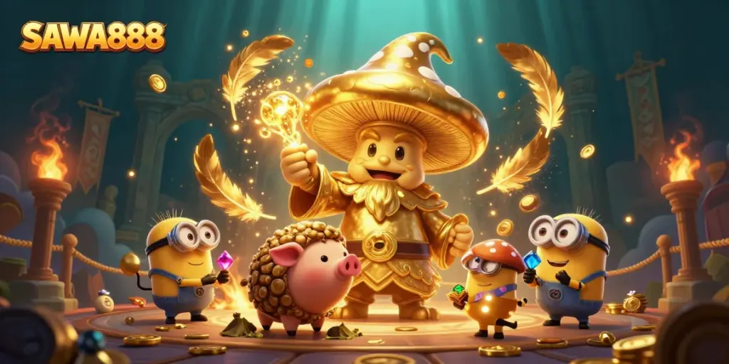Experience the magic of SAWA888 with golden treasures and energetic characters in a vibrant casino adventure.