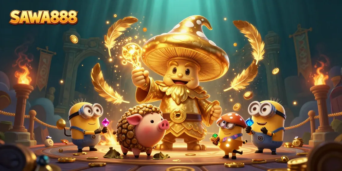 Experience the magic of SAWA888 with golden treasures and energetic characters in a vibrant casino adventure.