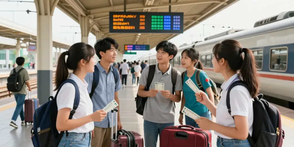 Zugtickets für Studenten in der Hand eines Reisenden am Bahnhof, umgeben von Gepäck und einer belebten Atmosphäre.