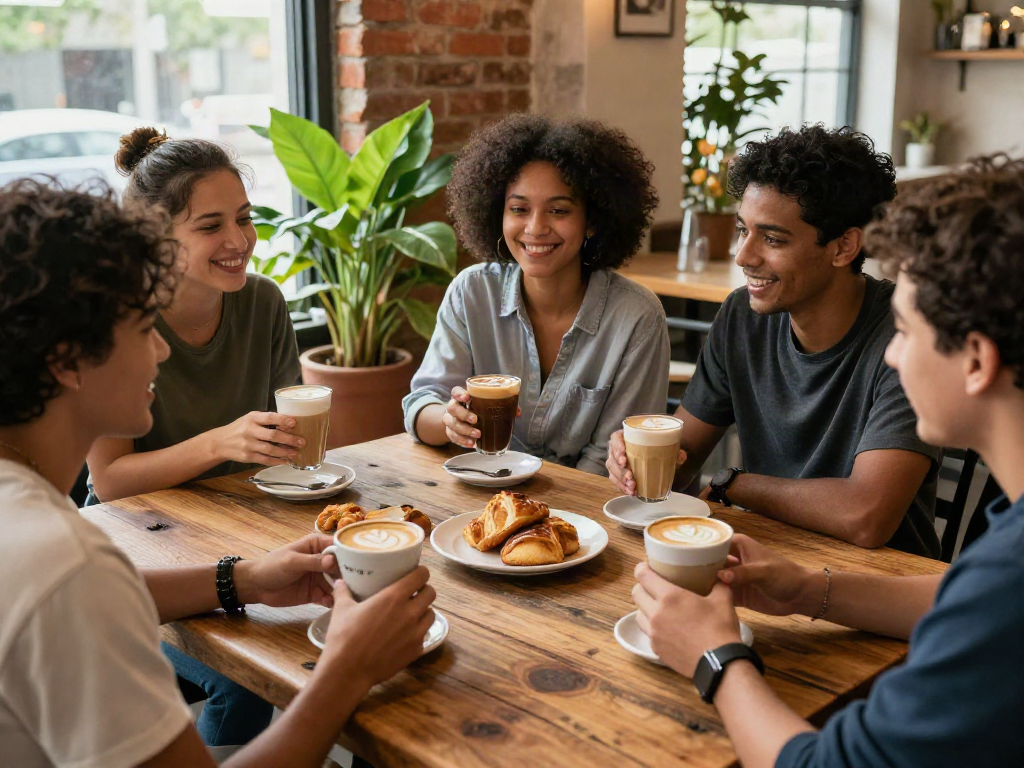 Group of friends enjoying rokok88 specialty coffee in a cozy cafe.