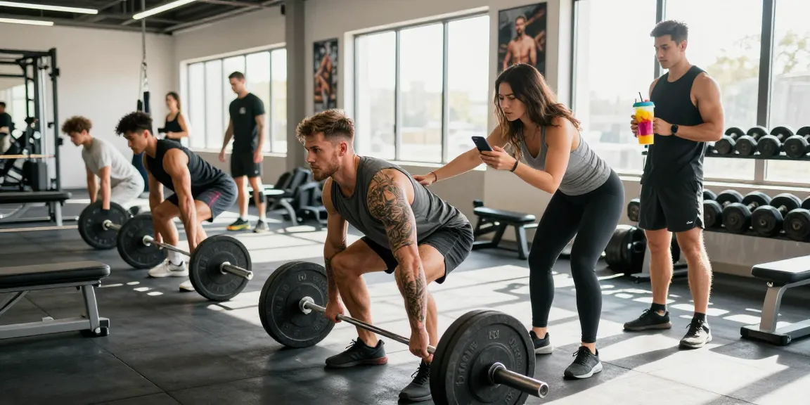 Anabolika Shop: Fitness-Enthusiasten, die im modernen Gym Gewichte heben und Proteindrinks vorbereiten, zeigen eine energetische Umgebung.