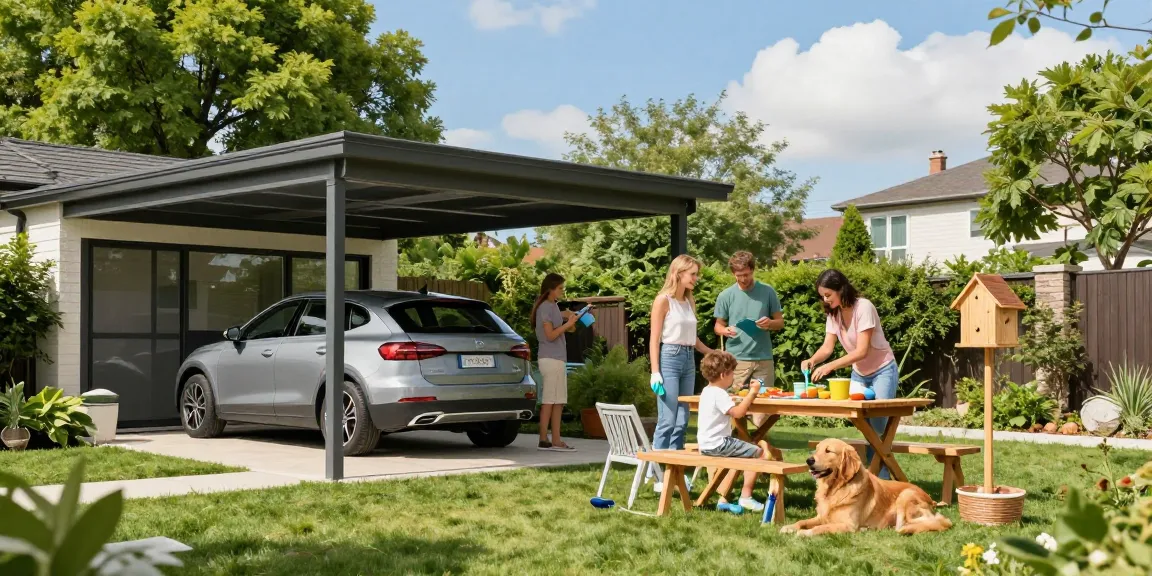 Moderne Carport im Garten mit Familie und Hund, sonniger Tag.