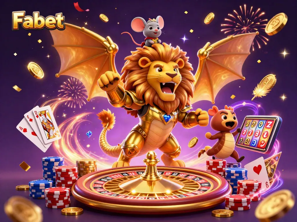 Fabet engages players with a vibrant 3D casino scene, showcasing unique gameplay dynamics and festive elements.