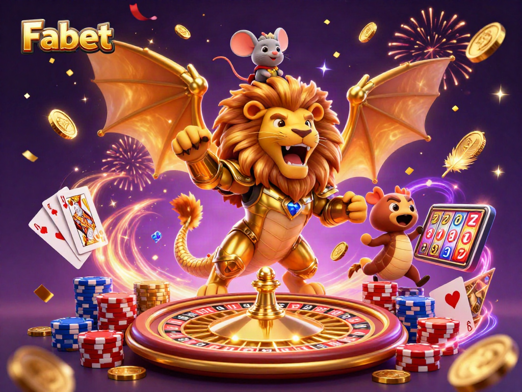 Fabet engages players with a vibrant 3D casino scene, showcasing unique gameplay dynamics and festive elements.