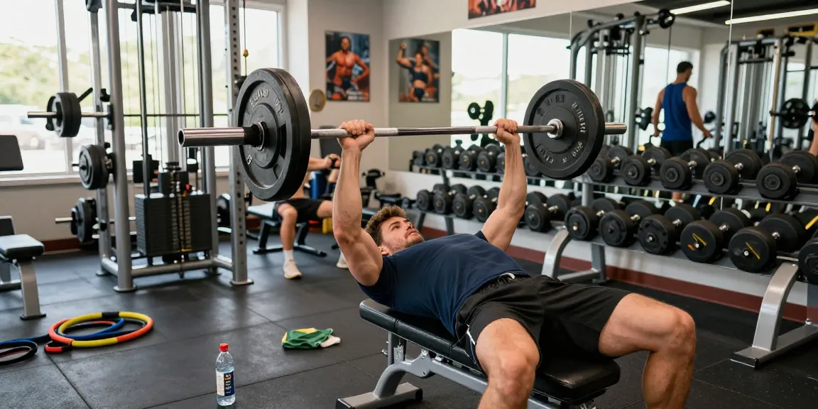 Anabolika Shop fitness scene with athletic man bench pressing weights in a dynamic gym atmosphere, showcasing strength training.