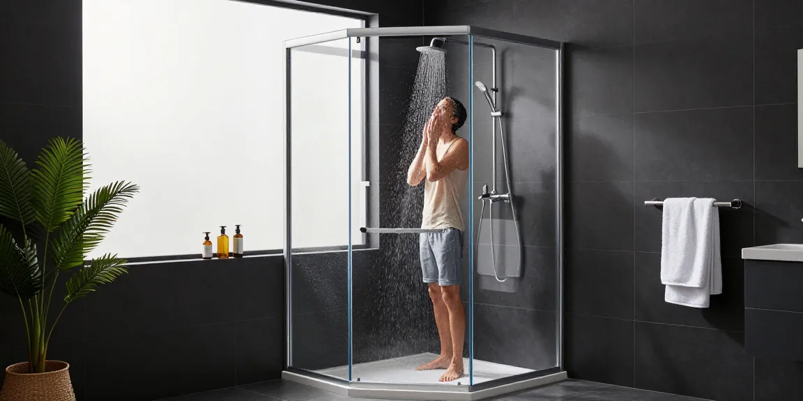 Vrijstaande douchecabine in een moderne badkameromgeving, met een strak ontwerp en helder glas.