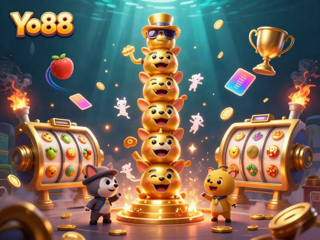 Win exciting jackpots with Yo88's vibrant game elements in a dynamic casino scene.