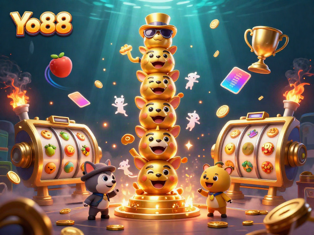 Win exciting jackpots with Yo88's vibrant game elements in a dynamic casino scene.