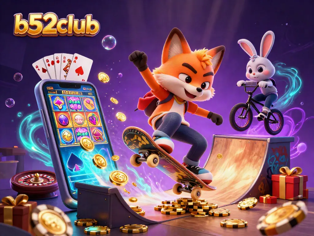 B52club showcases vibrant action as the cartoon skateboarder fox performs tricks over golden poker chips, surrounded by casino elements.