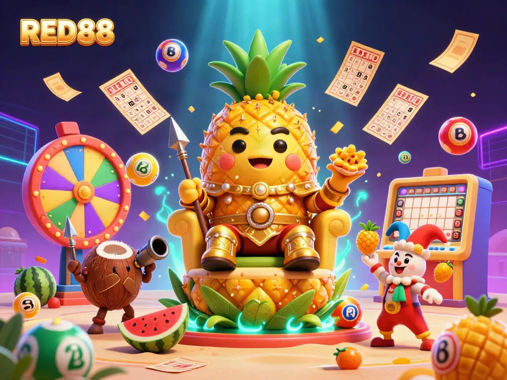 Gamble in style at RED88 with vibrant characters and exciting games in a tropical casino setting.