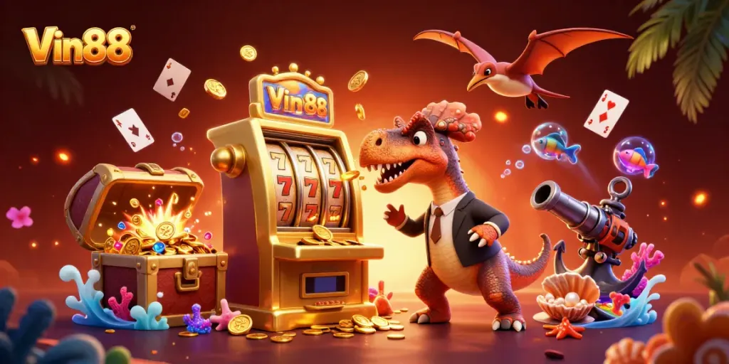 Vin88's thrilling jackpot scene with dinosaurs and dynamic casino elements illustrated.