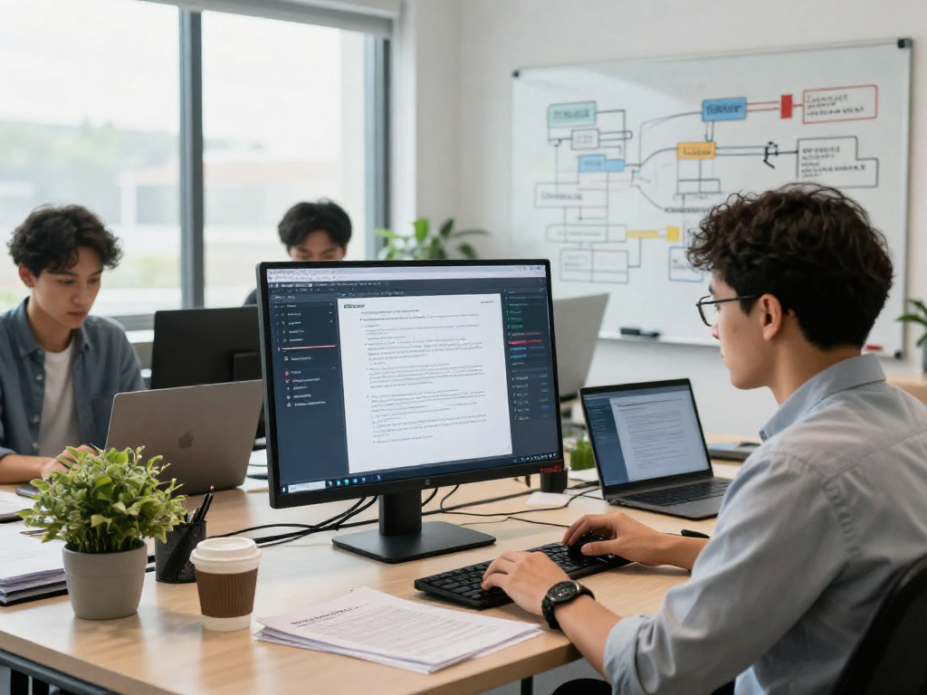 Data analyst reviewing document fraud detection software in a bright, modern office setting.