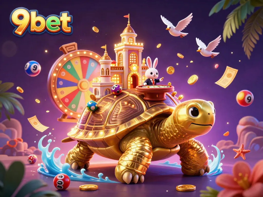 Experience the thrill of winning with 9bet's vibrant casino scene featuring a golden tortoise and dealer.