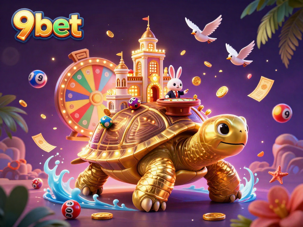 Experience the thrill of winning with 9bet's vibrant casino scene featuring a golden tortoise and dealer.