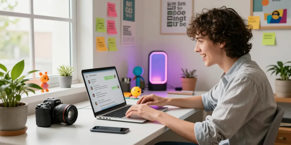 Engaging in spicy AI chat in a modern workspace with lively decor and vibrant atmosphere.