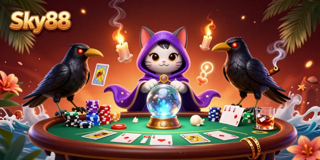 Engage with Sky88's thrilling poker scene featuring fortune teller mystic cat and raven.