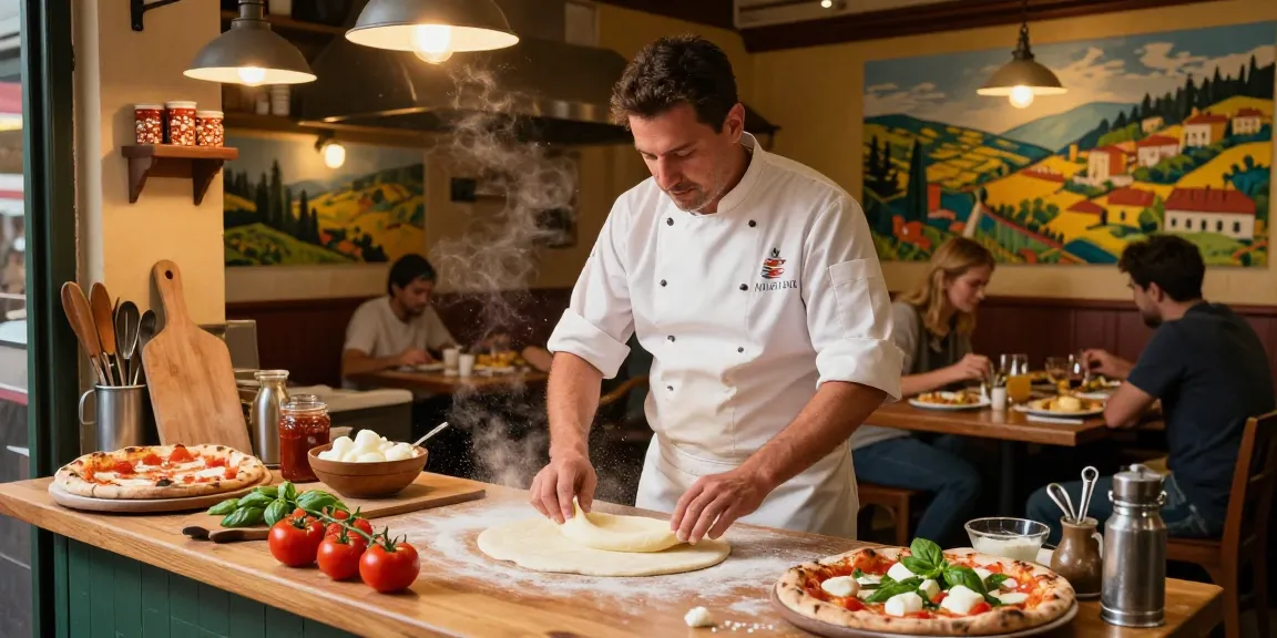 Chef preparing authentic Italian pizza at Pizzeria Madera, showcasing pg soft dough and fresh toppings in a warm, inviting kitchen.