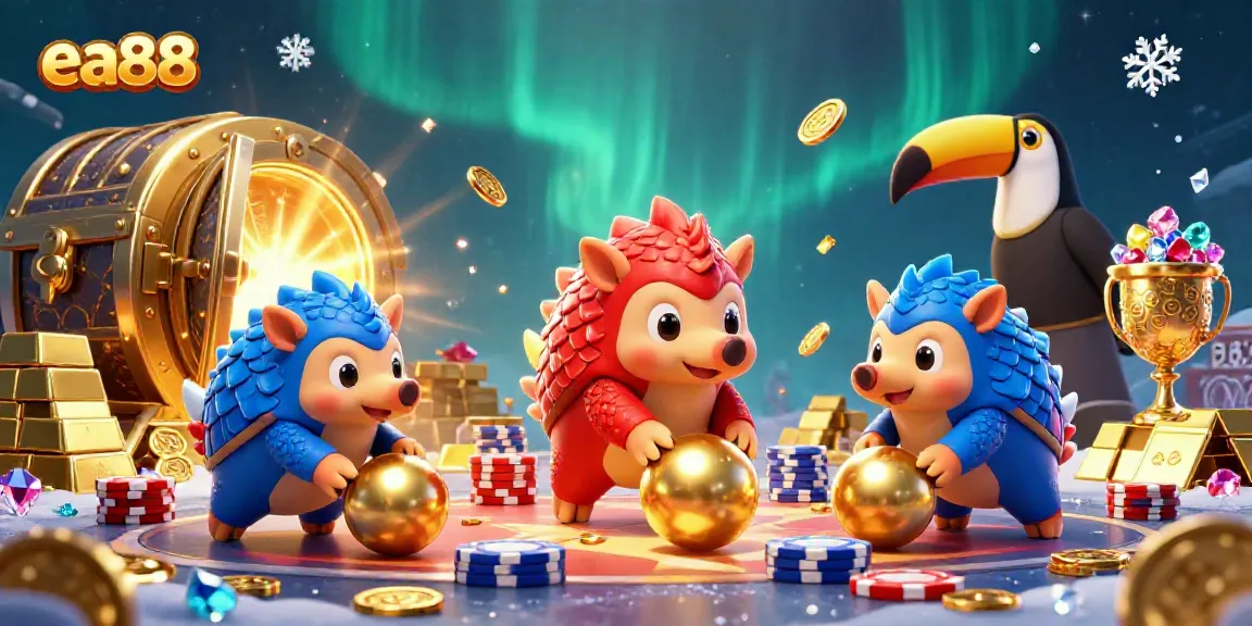 ea88 gaming pangolins rolling through poker chips in a dynamic casino illustration
