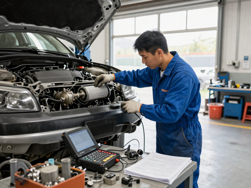 Techniker bei der DPF Reinigung in einer Werkstatt in Laatzen