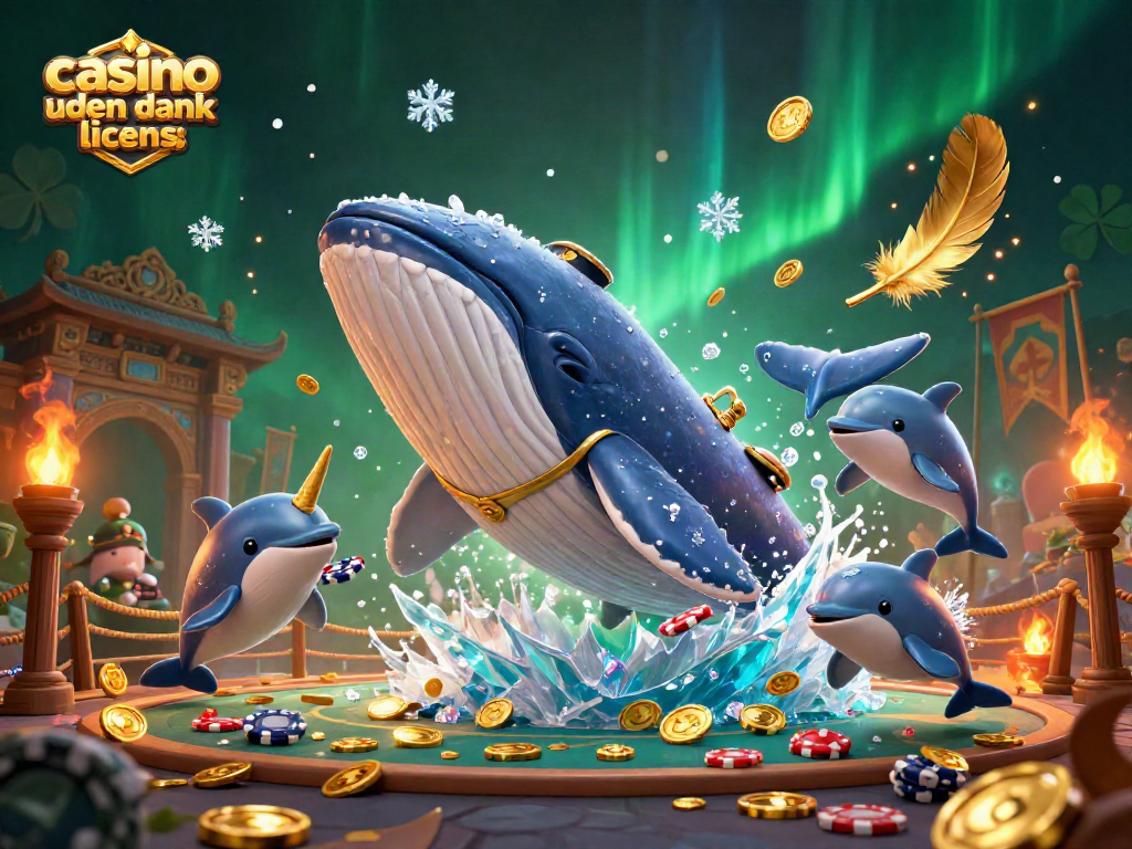 Playful scene of casino uden dansk licens featuring a cartoon whale, narwhal, and dolphins