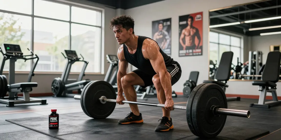 Musculöser Athlet beim Kreuzheben in einem hellen Fitnessstudio, der Fitnessengagement und die Wirksamkeit von Prime Pharma Steroiden demonstriert.