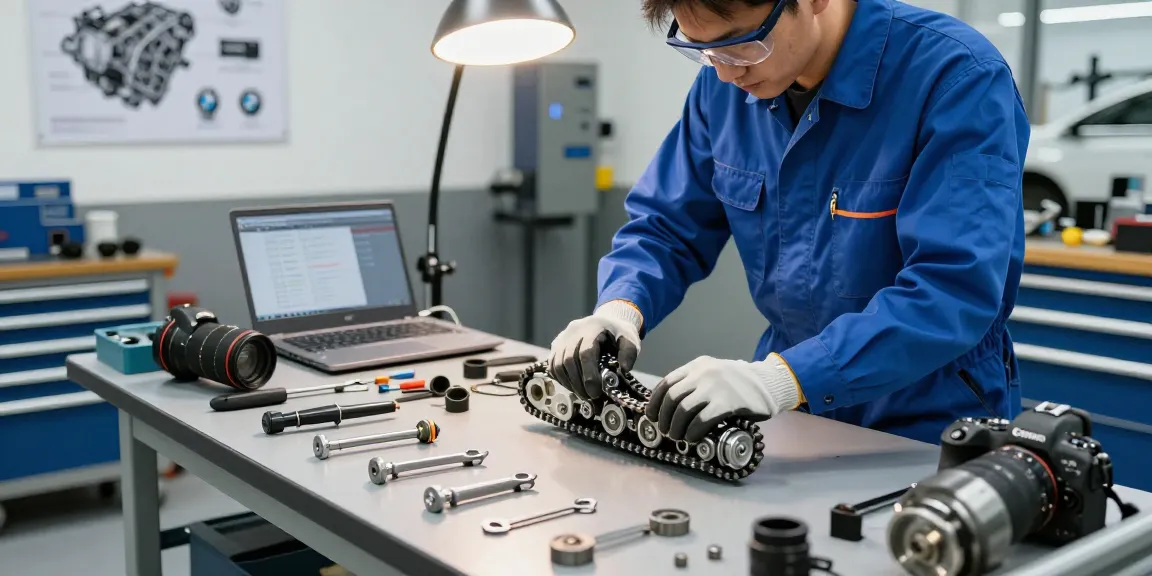 BMW Steuerkette Wechseln Hannover - Mechaniker inspiziert die Steuerkette des Motors mit Werkzeugen in einer professionellen Autowerkstatt.