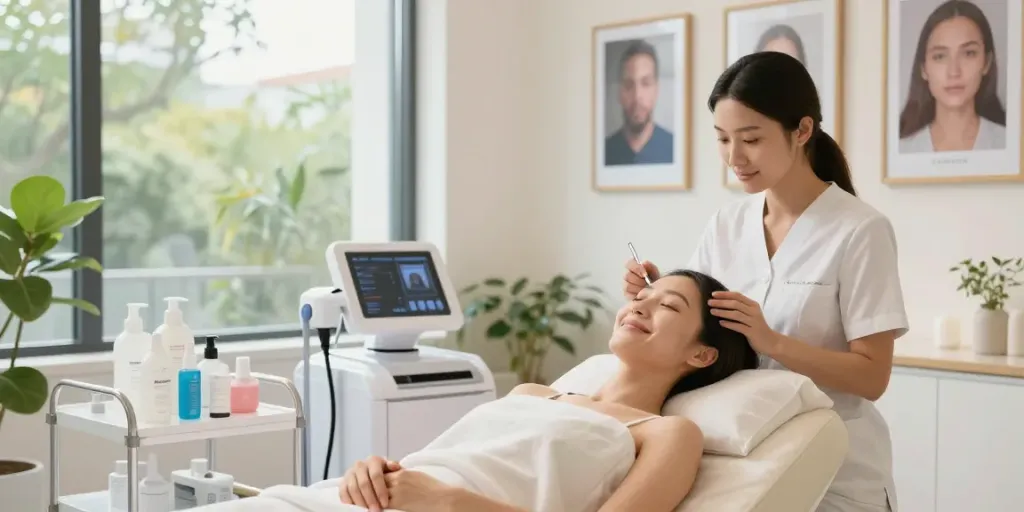 Augenringe abdecken mit CCeye® Behandlung in einem modernen Studio.