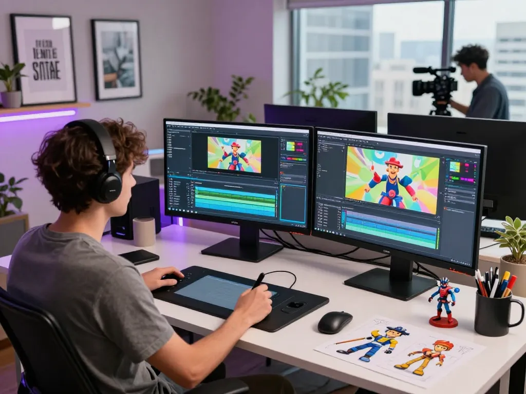 Dynamic workspace showcasing motion control technology, with video creator editing animations on dual monitors in an inspiring tech environment.