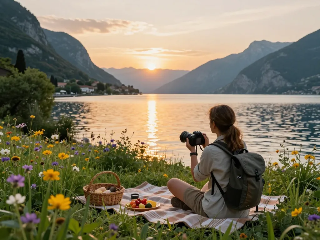 Erleben Sie Urlaub am Gardasee mit einem malerischen Sonnenuntergang am Seeufer, Reisender hält den Moment inmitten der atemberaubenden Natur fest.