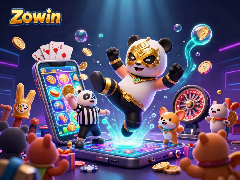 Zowin showcases a vibrant gaming scene with a panda wrestler and exciting casino elements, highlighting thrilling slots and jackpots.