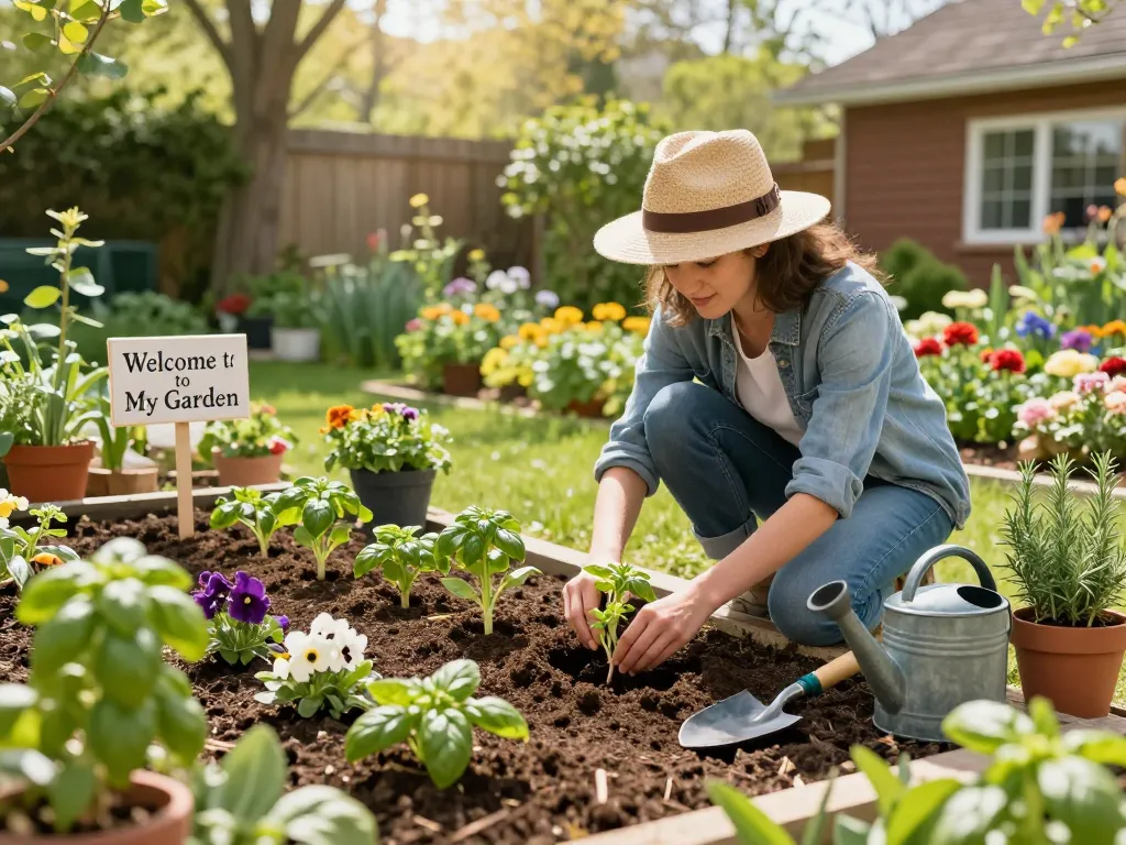 Vibrant backyard scene with a gardener planting spargelpflanze seedlings surrounded by colorful flowers and gardening tools.