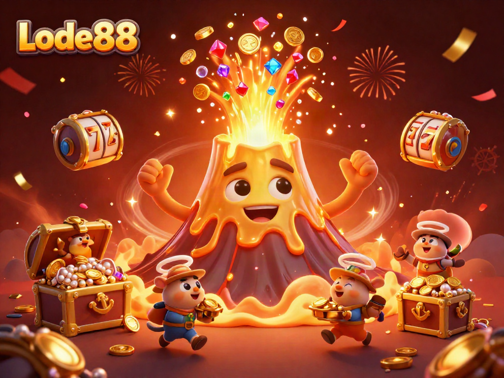 Lode88's volcano erupts with gems and treasures, capturing the thrill of casino games.