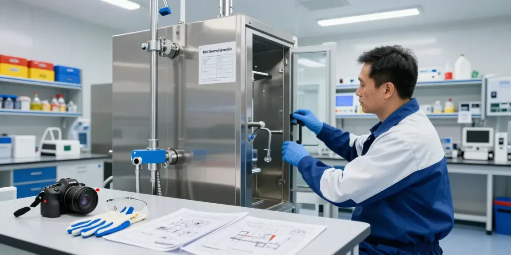 Körpernotdusche für Gewerbe in a lab environment with technical features and compliance details.
