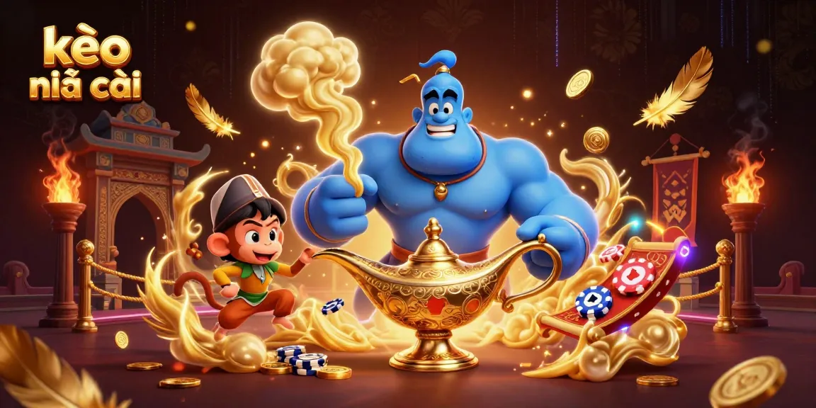 Experience the excitement of kèo nhà cái with a magical scene of a genie, monkey, and poker chips.