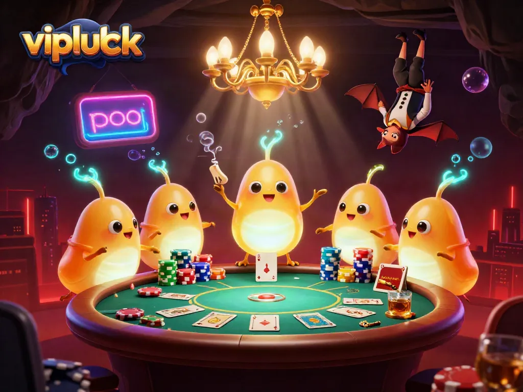 Illuminate your gambling experience with vipluck's vibrant 3D casino scene featuring glowworms and poker elements.