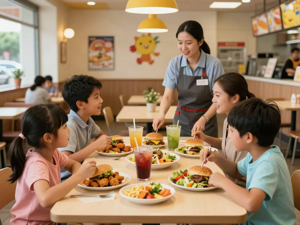Family enjoying a meal at ROKOK88 with delicious fast-food dishes.