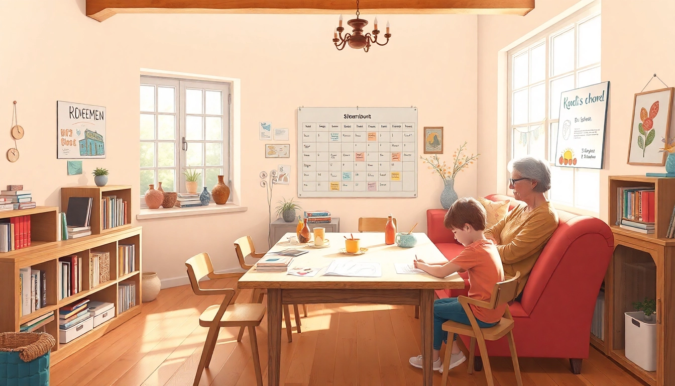 Heimunterricht zu Hause: Ein Kind lernt von einem Erwachsenen in einem hellen und freundlichen Klassenzimmer.