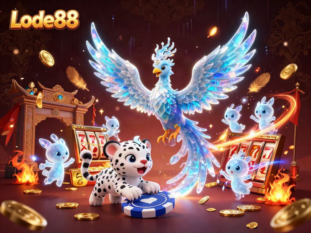 Experience thrilling wins at Lode88 with the magical phoenix and snow leopard in a vibrant casino scene.