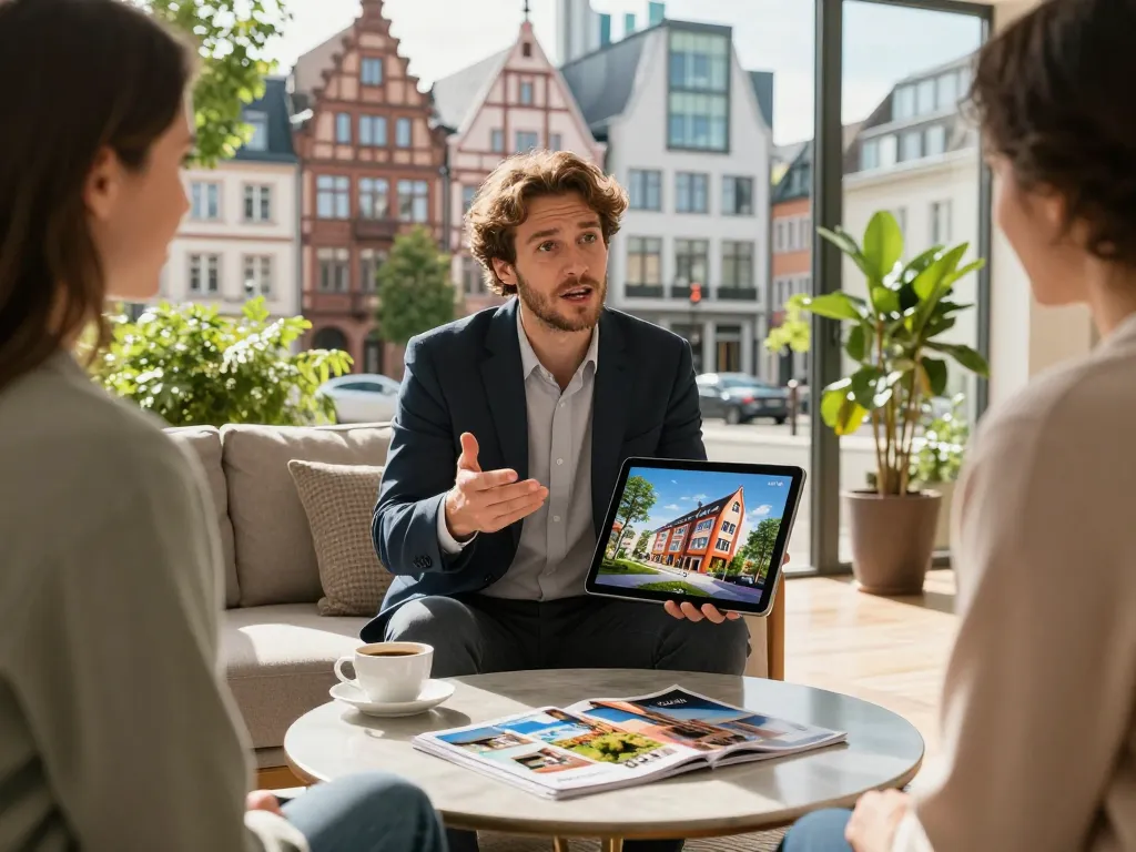 Engagierter Immobilienmakler, der Immobilien als Immobilienmakler Frankfurt Sachsenhausen während eines Kundengesprächs präsentiert.