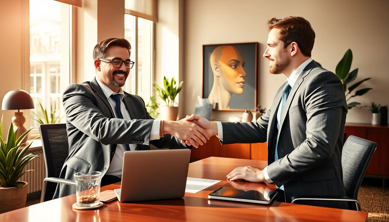 Headhunter für Sales Manager bei einem erfolgreichen Gespräch mit einem Kandidaten in stilvollem Büro.