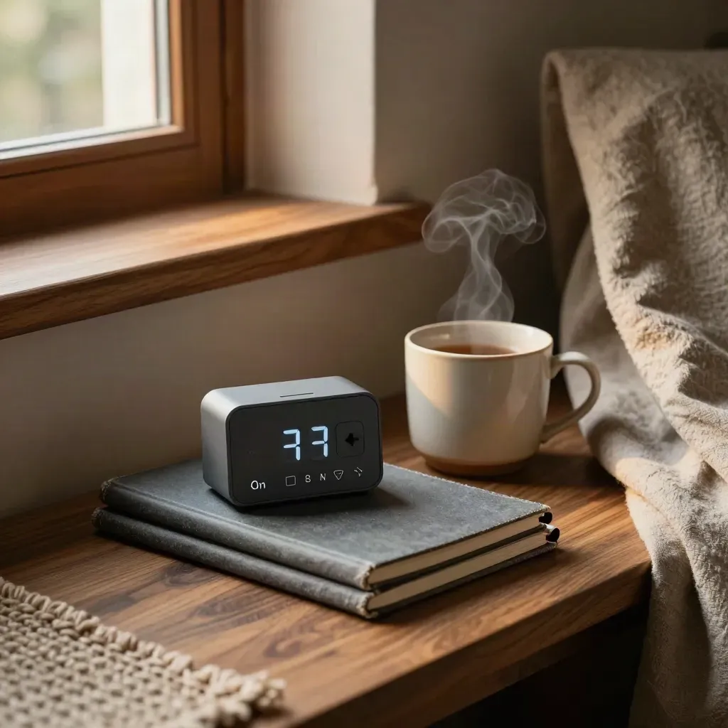 Studienecke mit Timer, zwei Notizbüchern, dampfender Tasse und Decke über einem Stuhl