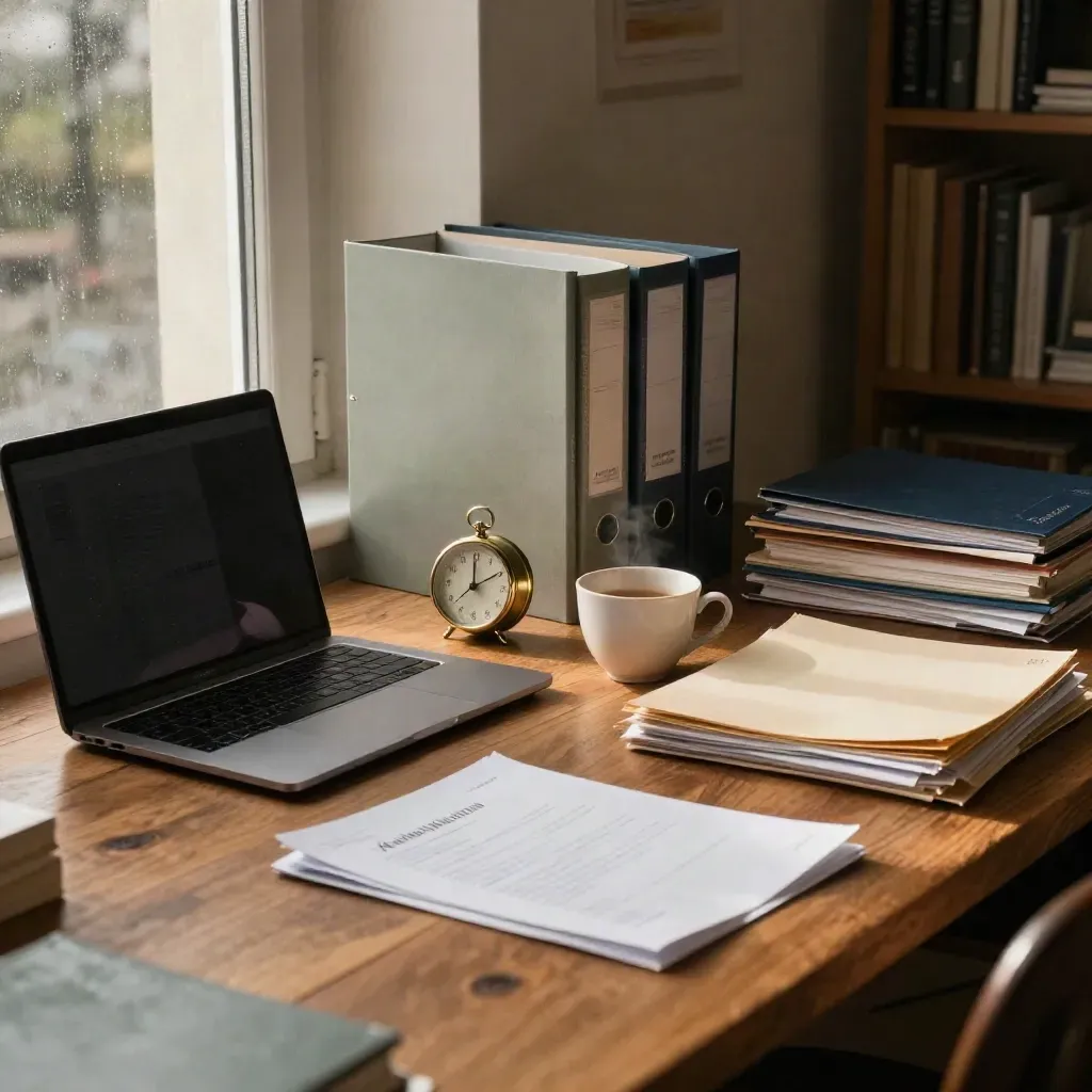 Dunkles Study-Coaching-Workspace mit Ordnern, Laptop, Timer und Tasse im Morgenlicht.