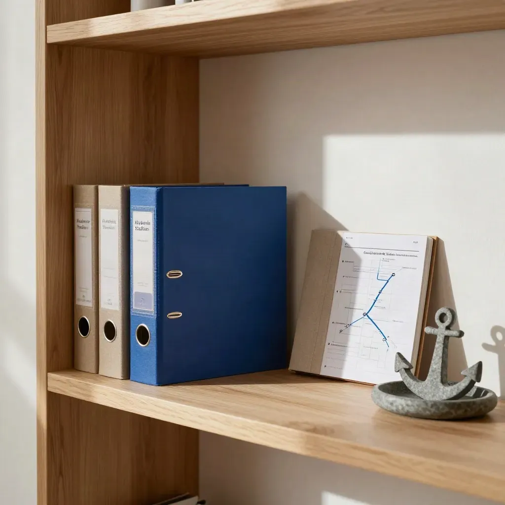 Beratungsnische mit Ordnern, Lernplan-Tafel und Notizbuch im warmen Morgenlicht.