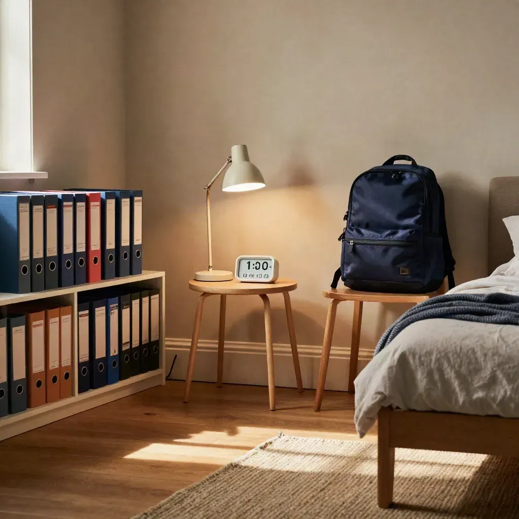 Aufgeräumtes Lernzimmer mit Ordnern, Timer, Lampe und gepacktem Rucksack im Abendlicht.