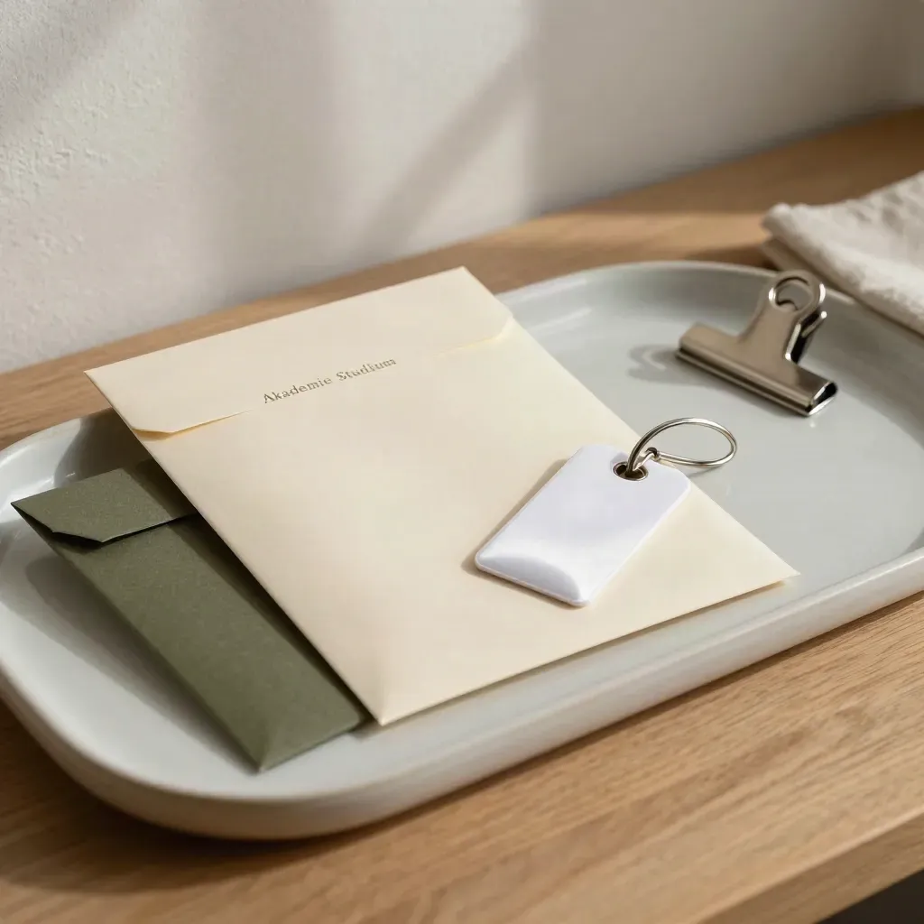 Über Kopf fotografiertes Einschreibe-Set auf heller Schale mit Paket, Anhänger und Metallclip.
